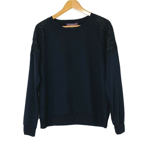 Gloria Vanderbilt Womens size Medium Lace Crewneck Pullover Sweatshirt Top Black - Picture 1 of 9